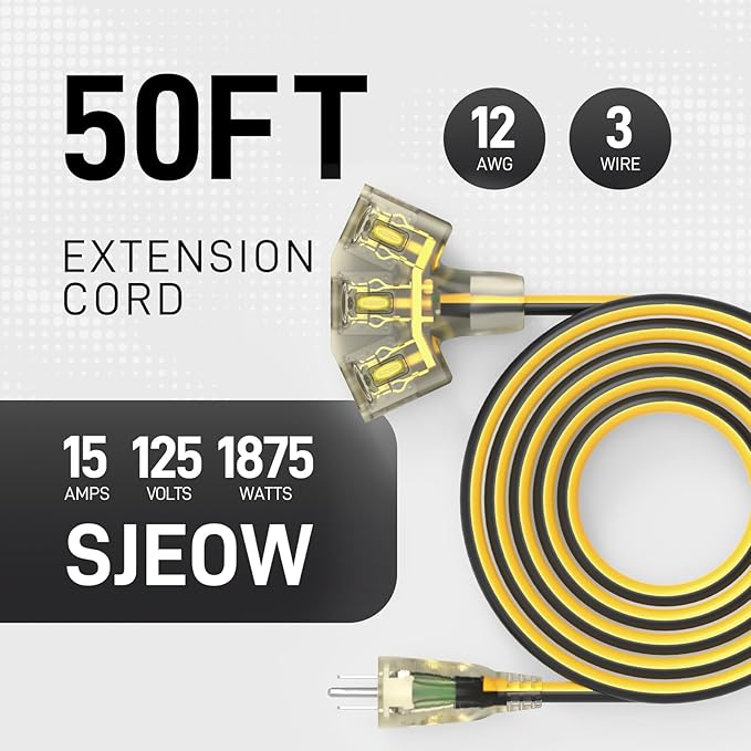 50FT Outdoor Extension Cord with Multiple Outlets, 12/3 Gauge Heavy Duty, 15A 1875W, 3 Prong with LED Light & Locking Plug, Weather Resistant, ETL Certified for Lawn Mower, Tools, Christmas Lights