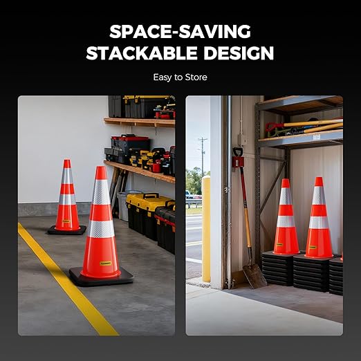 6 Pack 28 Inch Traffic Cones with Black Base, from -22℉ to 131℉, MUTCD-Compliant Orange Safety Cone with Reflective Collar ＆ Extra Caution Tape for Parking Lot, Construction Work, Road Safety