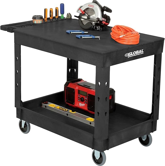 Global Industrial Industrial Service & Utility Cart, Plastic 2 Flat Black Shelf, 44” x 25-1/2”, 5" Rubber Casters