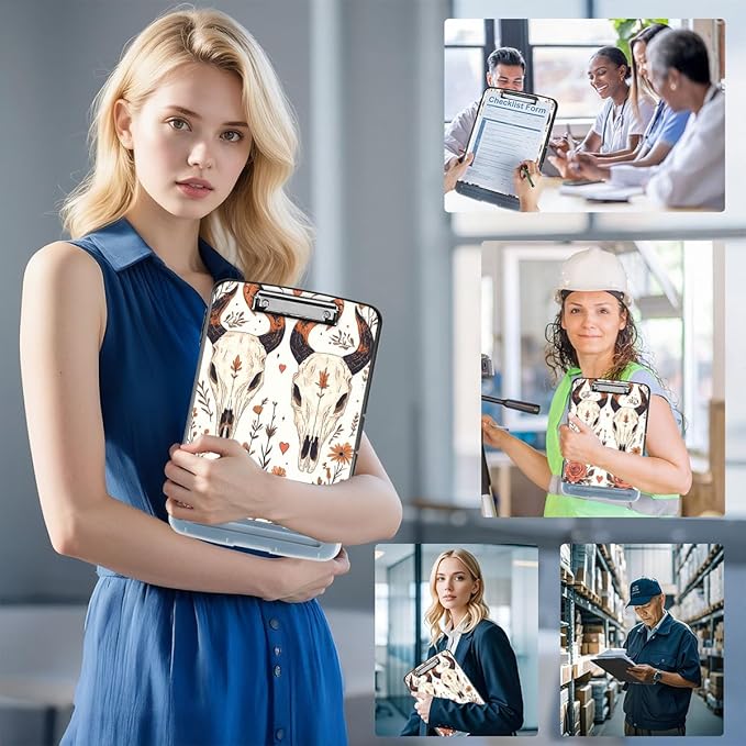 Clipboard with Storage Box & Pen Holder,Heavy Duty Clip Boards 8.5x11 for Nursing,High Capacity,School & Office Supplies,Bull Skull Floral