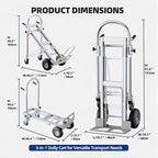 Hand Trucks Heavy Duty Aluminum Dolly Cart, 3 in 1 Design 1000 Lbs Capacity with Solid Wheels - Foldable, Portable, Ergonomic Handle, Perfect for Construction, Warehouses, Factories, Indoor & Outdoor