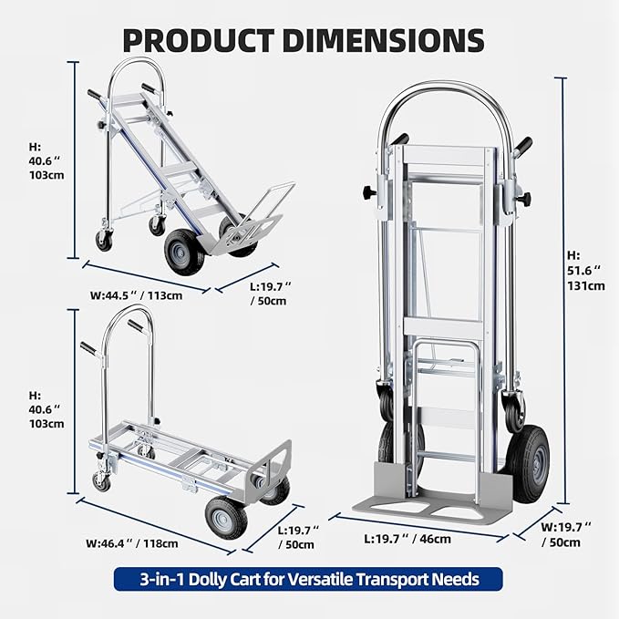 Hand Trucks Heavy Duty Aluminum Dolly Cart, 3 in 1 Design 1000 Lbs Capacity with Solid Wheels - Foldable, Portable, Ergonomic Handle, Perfect for Construction, Warehouses, Factories, Indoor & Outdoor