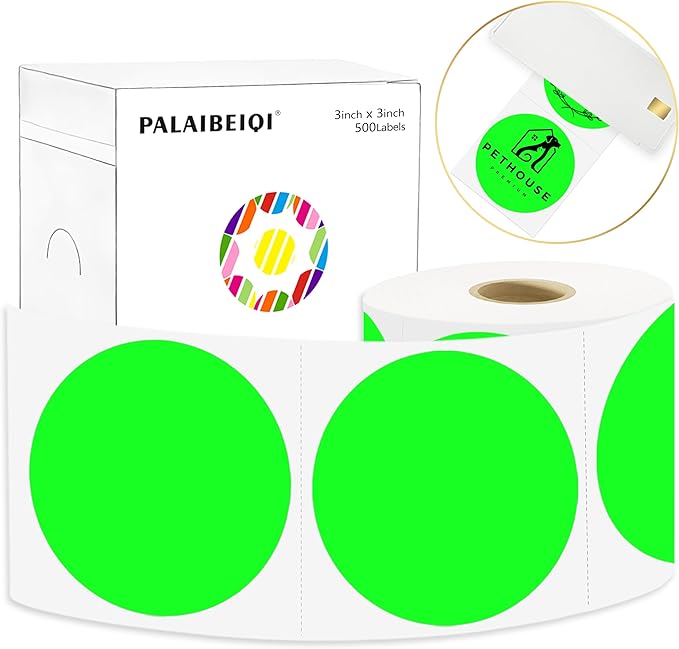3 X 3 Inch Round Thermal Labels Circle Color Coding Labels Printable Waterproof 500PCS Round Stickers Adhesive Writable for Home, Garage, DIY Sticker, Barcodes, Name Tag, Fluorescent Green