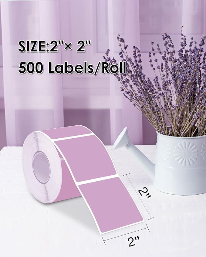 iEager Purple Square Thermal Label Stickers, 2"x2" Self-Adhesive Square Direct Thermal Labels with Perforation Line, 500 Sheets/Roll