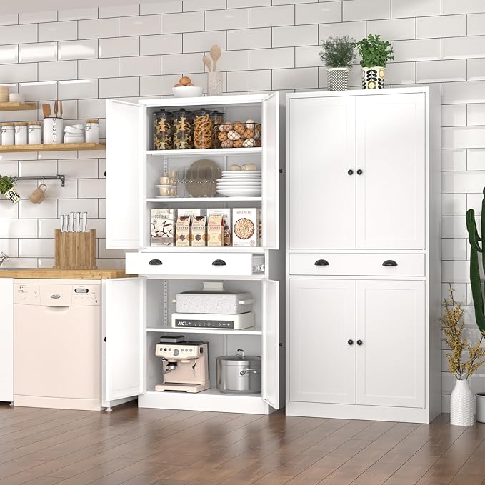 Metal Kitchen Pantry Cabinet, 71'' Tall Food Pantry Storage Cabinet with Doors and Shelves, White Freestanding Cupboard for Dining Room, Living Room - Assemble Required