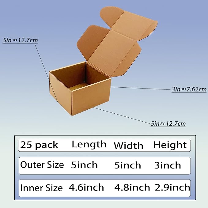 5x5x3 inch Shipping Boxes Pack of 25, Brown Corrugated Cardboard Box Mailer Boxes for Packaging Small Business Shipping，Recyclable Moving Storage Mailing Boxes Bulk Book Literature Gift Giving