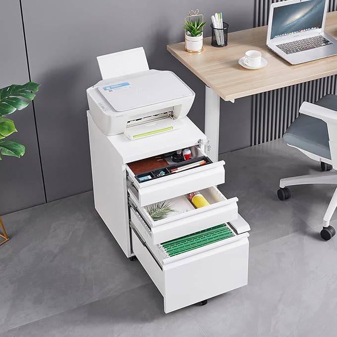 3 Drawer File Storage Cabinet, File Cabinets for Home Office, Metal Rolling Filing Cabinet, Locking File Cabinet for A4/Letter/Lagal Size, Fully Assembled, Matte White