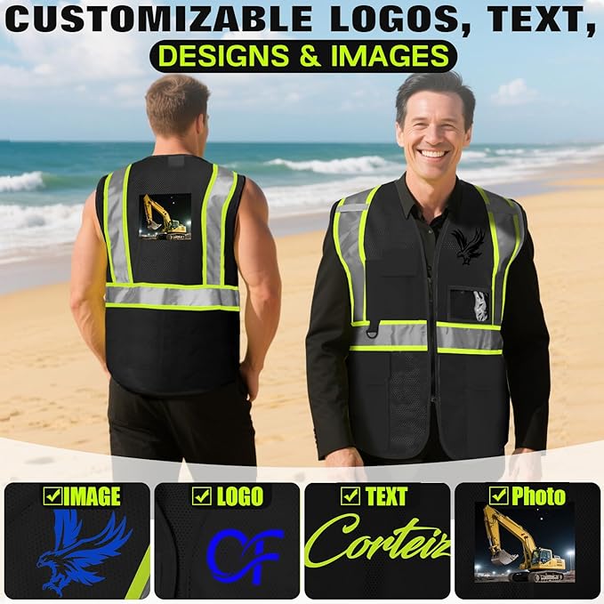 Safety Vest Customize Logo with 5 Pockets & Zipper Reflective High Visibility Vest Class 2 Outdoor Workwear
