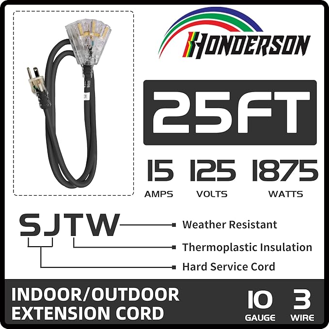 3-Outlets Indoor Outdoor Extension Cord Weatherproof with Lighted End, UL Listed, 10 Gauge 25FT Black 3 Prong Heavy Duty, 10/3 SJTW 15A Power Cord