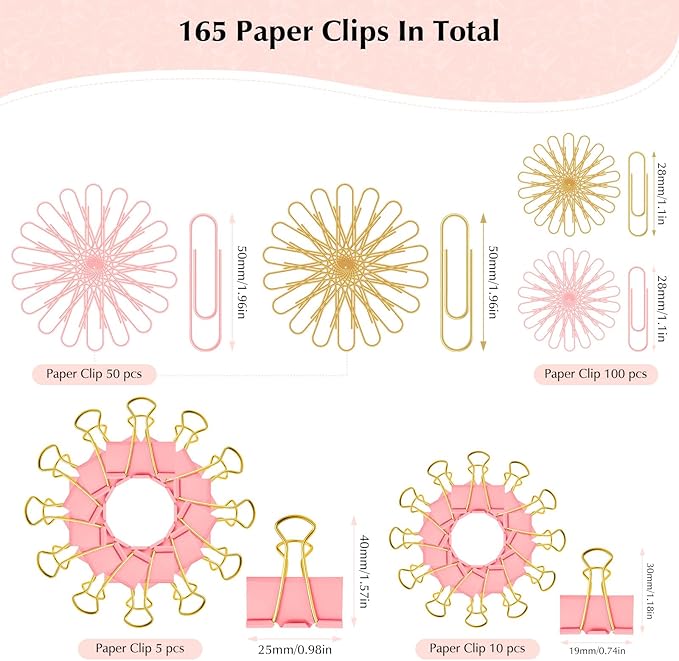 Cute Paper Clips Binder Clips Combo Set, 165 Psc, Assorted Size Paper Clips for Office, Cute Office Supplies Set, Pink