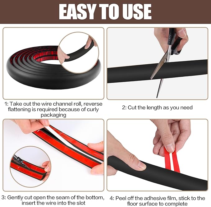 Floor Cord Cover Self Adhesive Cord Hider,3.3FT Cable Management, Extension Strip Protector for Wires, Prevent Cable Trips for Offices, Gyms, Exhibitions Cavity:0.3"(W) x 0.28"(H) Black