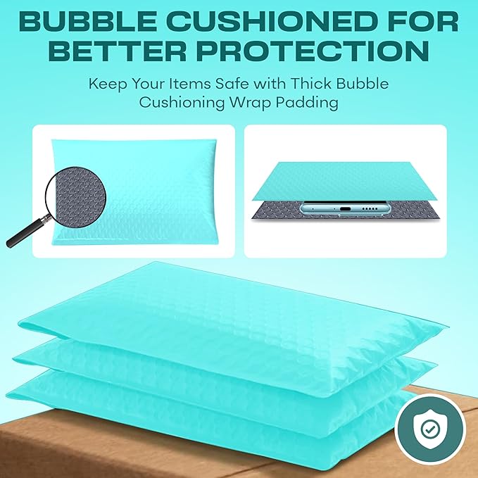 Teal Large Poly Bubble Mailers 9.5x14.5 inch #4 | Self Seal Padded Envelopes Cushioned Bubble Mailer | Usable Size 9.5x13.5 | WaterProof | Lightweight mailing Shipping Bags | 200 Pack Bulk