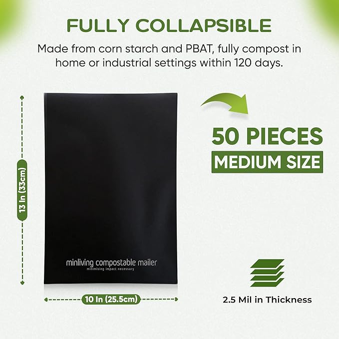 Mailing Pouches 10x13 inch - Plant-Based Materials, Double Seal Closure, Tear Resistant, Extra Thick Design - 50 Reusable Shipping Bags