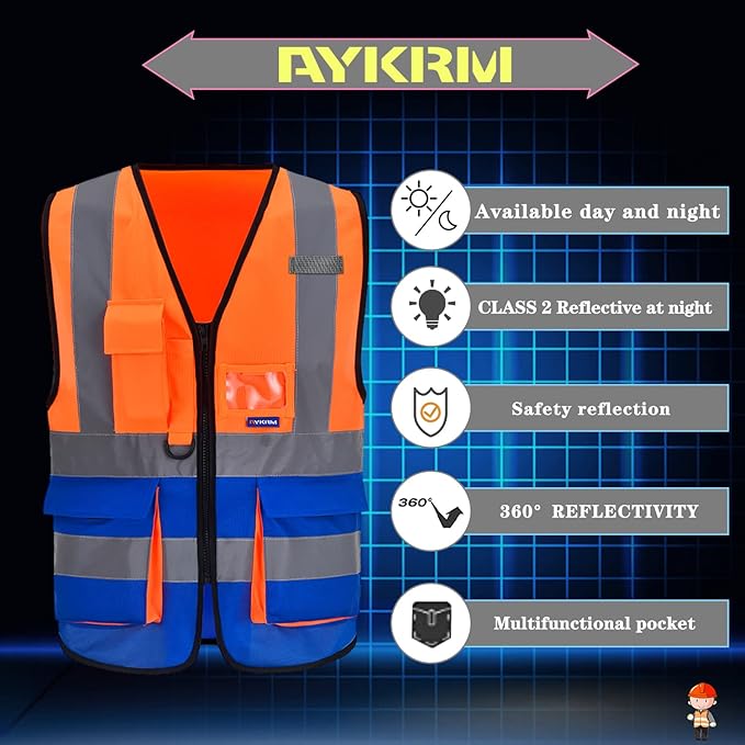 Orange Blue 4XL 5XL High Visibility REFLECTIVE WORK Safety Vest with zipper Reflective Strips 7 Pockets