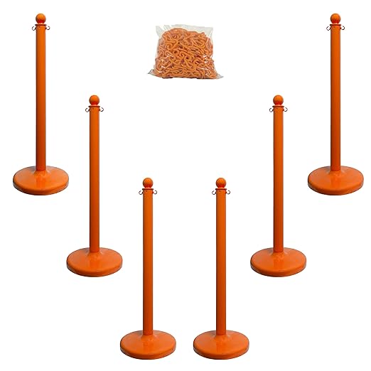 Mr. Chain Plastic Stanchion Kit with 50 Feet of 2-Inch Link Chain and C-Hooks, Safety Orange, Pack of 6 (71112-6)
