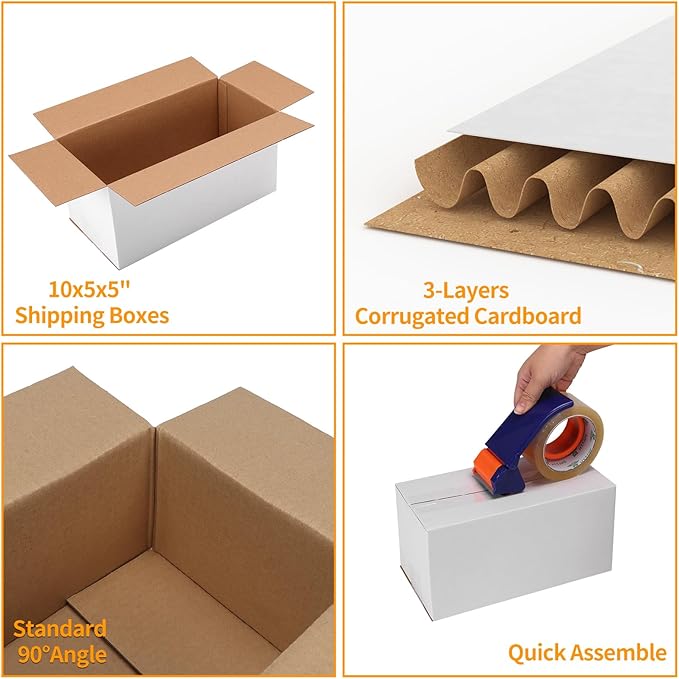PETAFLOP 10x5x5 Shipping Boxes Set of 25, Small White Cardboard Mailer Box for Packing, Mailing, Business,DIY