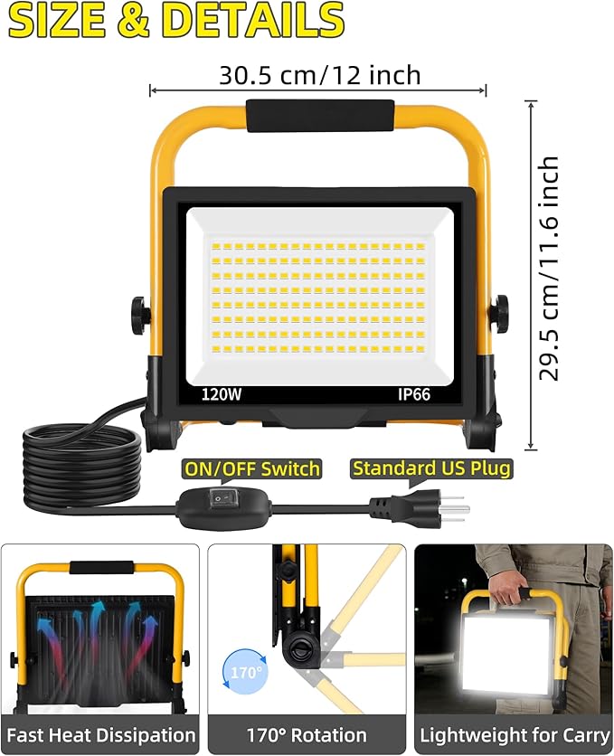 14400LM LED Work Light, 120W Flood Light with 16FT Cord & Switch, Portable Worklight with Stand, 5000K IP66 Waterproof Construction Lighting for Job Site Repairing Workshop Garage