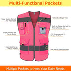 TCCFCCT Mesh Hi Vis Vest 9 Pockets High Visibility Reflective Safety Vest for Men Women, Safety Construction Vest with Reflective Strips, Meets ANSI/ISEA Standards, (Pink, Medium)