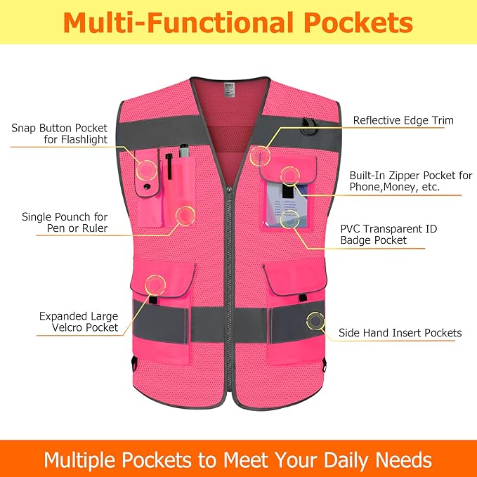 TCCFCCT Mesh Reflective Vest 9 Pockets High Visibility Safety Vest for Men Women, Hi Vis Construction Vest with Reflective Strips, Meets ANSI/ISEA Standards, (Pink, Small)