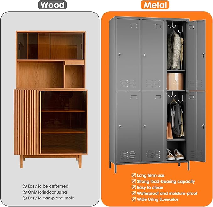Employees Locker, 72" inch Tall Metal Storage Locker with 6 Doors for School Hospital Garage Gym Home Office with 12 Hooks, Requires Assembly (Dark Grey)