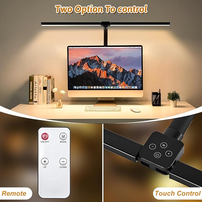 Double Head LED Desk Lamp with Remote Control for Home Office 24W Brightest Computer Desk Light for Workbench Drafting Architect Study Reading with Clamp and Base