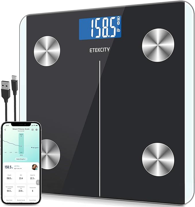 Etekcity Rechargeable Smart Scale for Body Weight, Digital Bathroom Scale with BMI, Body Fat, Muscle Mass, Accurate Weighing Machine for People Sync with Smartphone App, 400lb