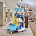 Commercial Janitorial Cleaning Cart on Wheels - Black Housekeeping Caddy with Cover, Shelves and Vinyl Bag