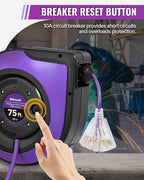 Extension Cord Reel, 75 FT Retractable Extension Cord Reel, 14AWG/3C SJTOW, Lighted Triple, 10A Circuit Breaker, Wall/Ceiling Mounted, Heavy Duty Power Cord, UL Listed, Purple P75CR06