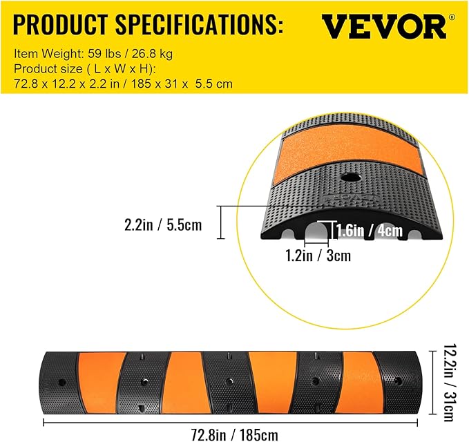 VEVOR Rubber Speed Bump, 1 Pack 2 Channel Speed Bump Hump, 72" Long Modular Speed Bump Rated 22000 LBS Loading, 72.8 x 12.2 x 2.2 Garage Speed Bump for Asphalt Concrete Gravel Driveway with 2 End Cap