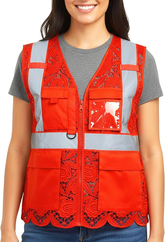 Lace-Mesh Safety Vest for Women & Men - Breathable, High Visibility Vest with Zipper & ANSI Class 2 Reflective Strips