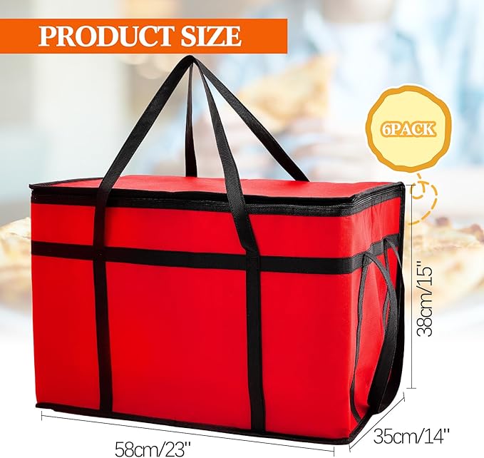 Maxcheck 6 Pcs Insulated Bags for Food Delivery XXXL Large Capacity Hot Grocery Tote Bag Reusable Warming Pizza Catering Carrier for Commercial Travel Lunch Shopping Gifts (Red)