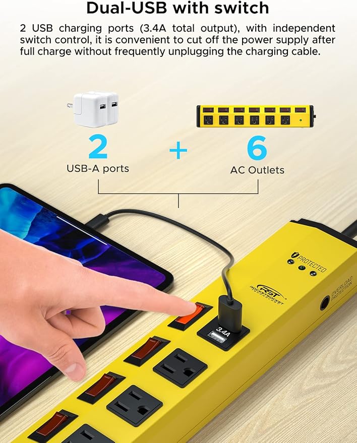 CRST 6-Outlet Heavy Duty Power Strip with USB and Individual Switches, 1200 Joules Metal Mountable Surge Protector Power Strip 15A Circuit Breaker, 6FT Extension Cord for Garage, Workshop, School