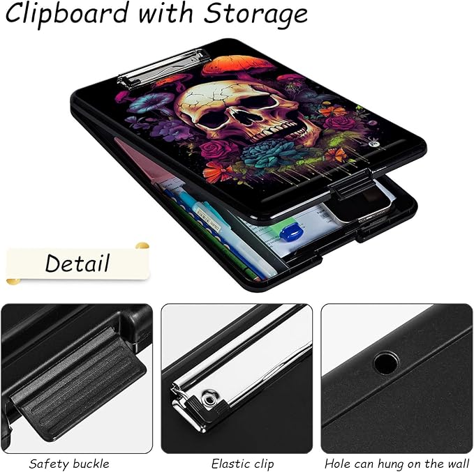 Clipboard with Storage, High Capacity Plastic Storage Clipboard with Pen Holder for Women Teachers Work, School & Office Supplies, Cute Pattern Decorative Clipboards, Flower Skull