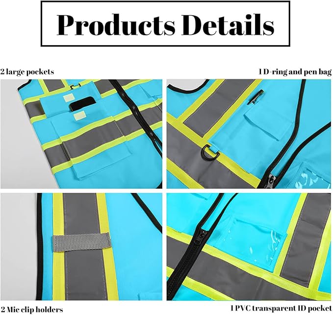 Safety Vest Reflective High Visibility with 5 Pockets ＆Zipper Class 2 Adult Unisex Construction Security Workwear