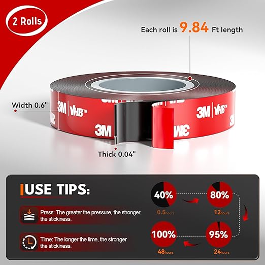 2 Rolls Car Double Sided Tape High Temperature Resistant Heavy Duty, Made of 3M, 19.7 Ft X 0.6 ", Strong Adhesion and Multi-Purpose Automotive Parts Mounting Tape