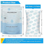 Large Desiccant Packs, 500 Gram 10 Packs Silica Gel Packets for Moisture Control, Silica Gel Car Dehumidifier by Reusable, Large Moisture Absorbers for Electric Tool, Basement, 3D Filaments and Safes