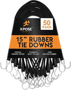 Rubber Bungee Cords with Hooks 50 Pack 15 Inch (23” Max Stretch) Heavy-Duty Black Tie Down Straps for Outdoor, Tarp Covers, Canvas Canopies, Motorcycle, and Cargo - by Xpose Safety