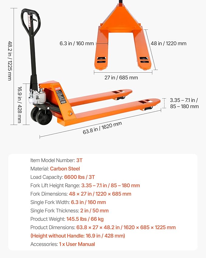 VEVOR Pallet Jack, 6600 lbs Load Capacity, Manual Pallet Truck with 48L x 27W Inch Forks for Material Handling, 3.35-7.1 Inch Fork Lift Height Range, Suitable for Warehouse, Supermarket, Manufacturing