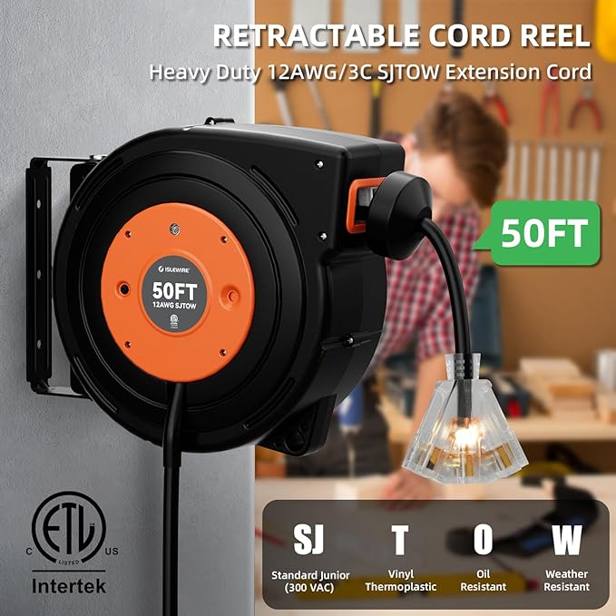50 FT Retractable Extension Cord Reel, Heavy Duty 12AWG/3C SJTOW Power Cord, Lighted Triple Tap, 15A Circuit Breaker, Wall/Ceiling Mount Electric Cord Reel for Garage & Workshop, ETL Listed, Orange