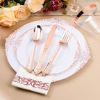 350PCS Rose Gold Plastic Plates for 50 Guests, Disposable Dinnerware Set Includes 100 Disposable Plates, 150 Rose Silverware, 50 Cups, 50 Napkins for Party, Wedding