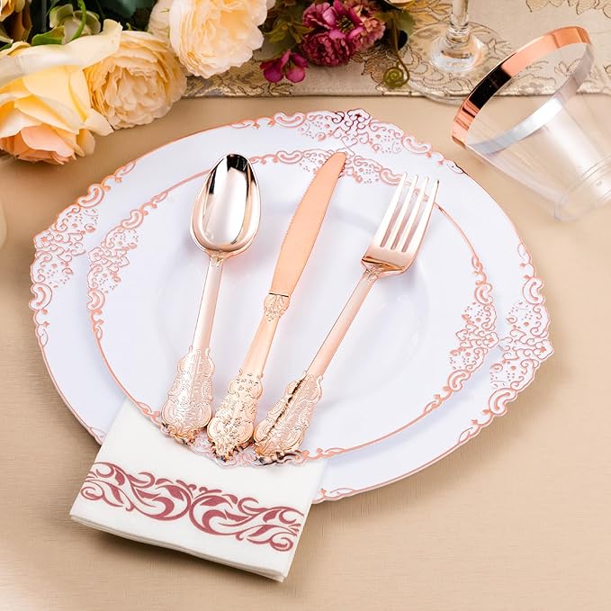 350PCS Rose Gold Plastic Plates for 50 Guests, Disposable Dinnerware Set Includes 100 Disposable Plates, 150 Rose Silverware, 50 Cups, 50 Napkins for Party, Wedding