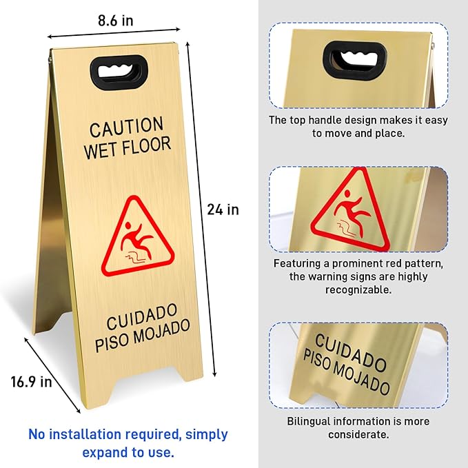 4 Pack Stainless Steel Wet Floor Sign, 24 Inch Caution Wet Floor Sign Portable Foldable Bilingual Safety Warning for Hotel Market Restroom Restaurant Office (Gold)