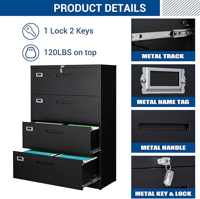Lateral File Cabinet with Lock, 4 Drawer Large Metal Filing Cabinet,Home Office Lockable Storage Cabinet for Hanging Files Letter/Legal/F4/A4 Size-Assembly Required