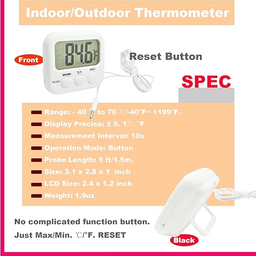 Small Digital Thermometer TA358 Celsius/Fahrenheit Temperature Indoor/Outdoor Meter Gauge with 5ft/1.5M Probe Sensor