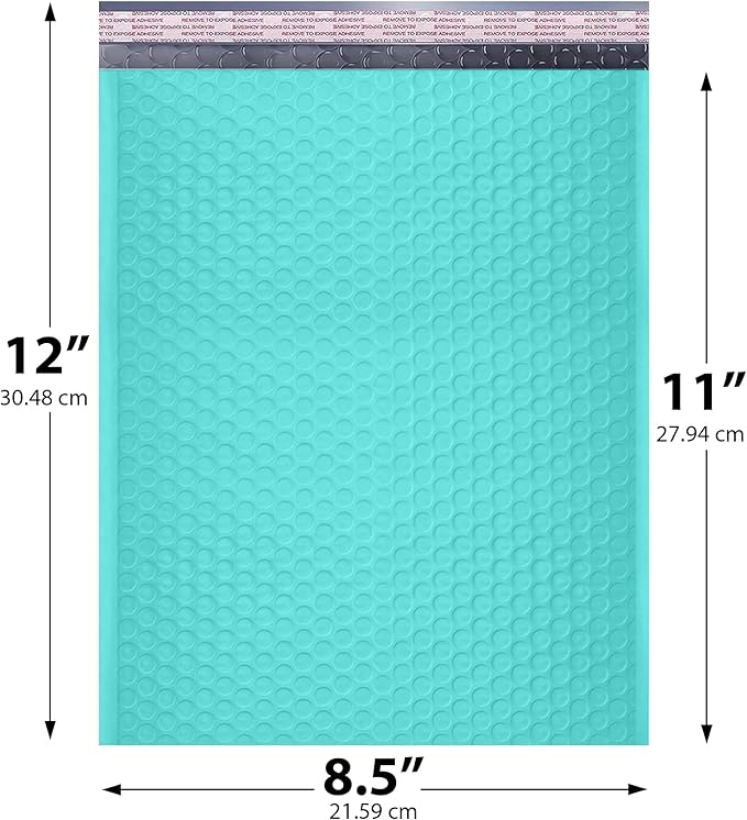 Teal Poly Bubble Mailers 8.5x12 inch #2 | Self Seal Padded Envelopes | Cushioned Bubble Mailer | Usable Size 8.5x11 | Water Proof | Lightweight mailing Shipping Bags | 100 Pack Bulk