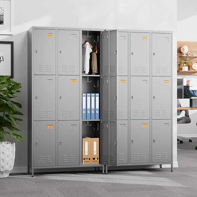 Employee Lockers with 27 Hooks,9 Doors Metal Storage Locker with Card Holder for Employees Home Gym,Assembly Required (Dark Grey)