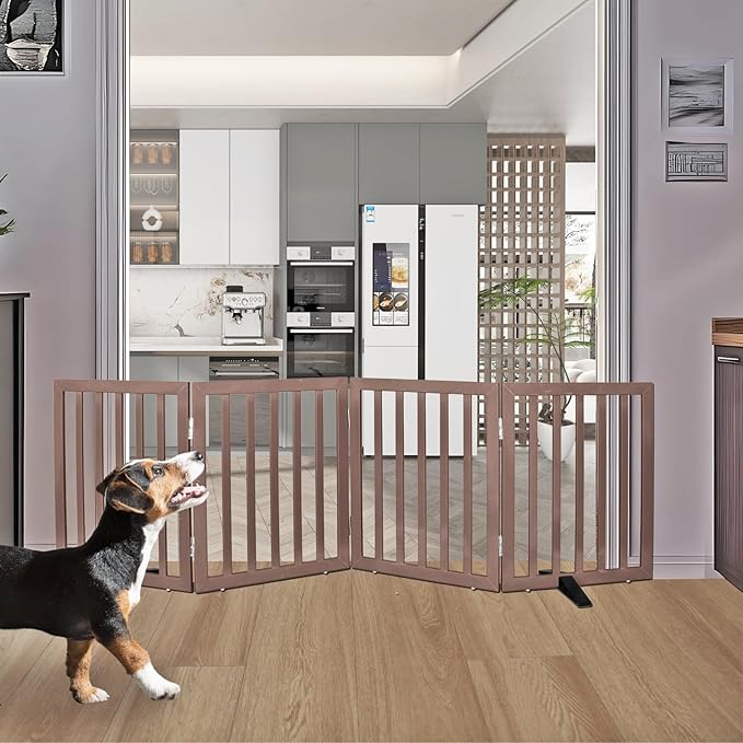 ZJSF Freestanding Indoor Dog Gate for House Foldable Wood Puppy Gate for Doorways Pet Gate for Stairs Extra Wide Pet Fence, Brown, 24" Height 4 Panels