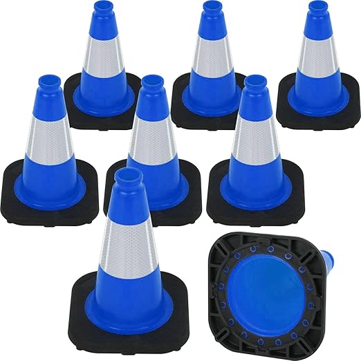 Fluorescent Orange/Green PVC Traffic Cones, Heavy Black Base Parking Lot Cone Structurally Stable Weatherproof Road Construction Safety Cones (8, Blue, 12" Small)