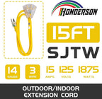 3-Outlets Indoor Outdoor Extension Cord Weatherproof with Lighted End, UL Listed, 14 Gauge 15FT Yellow 3 Prong Heavy Duty, 14/3 SJTW 15A Extension Cord