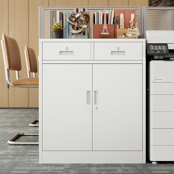 BESFUR 36" H Metal Storage Cabinet with 2 Lockable Drawers and 2 Lockable Doors, White Locking Cabinet with Adjustable Shelf, Metal Cabinet for Home Office, Garage,School, Warehouse, Utility Room